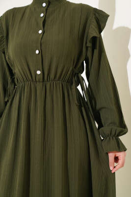 Omuz Fırfırlı Yan İp Bağcıklı Elbise Haki - Tesettür Elbise