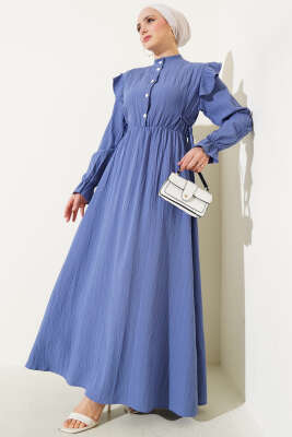 Omuz Fırfırlı Yan İp Bağcıklı Elbise İndigo 