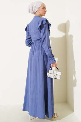 Omuz Fırfırlı Yan İp Bağcıklı Elbise İndigo - Tesettür Elbise