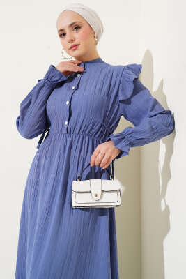 Omuz Fırfırlı Yan İp Bağcıklı Elbise İndigo - Tesettür Elbise