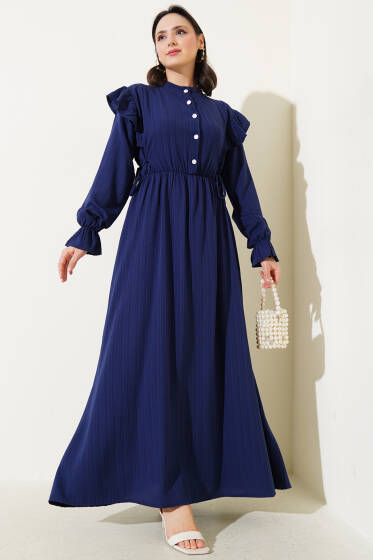 Omuz Fırfırlı Yan İp Bağcıklı Elbise Lacivert - Elbise