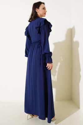 Omuz Fırfırlı Yan İp Bağcıklı Elbise Lacivert - Tesettür Elbise