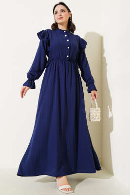 Omuz Fırfırlı Yan İp Bağcıklı Elbise Lacivert 