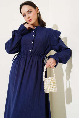 Omuz Fırfırlı Yan İp Bağcıklı Elbise Lacivert - Tesettür Elbise