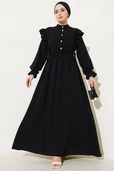 Omuz Fırfırlı Yan İp Bağcıklı Elbise Siyah - Elbise