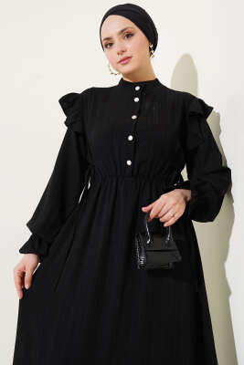 Omuz Fırfırlı Yan İp Bağcıklı Elbise Siyah - Tesettür Elbise