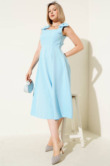 Omuz Fiyonklu Kare Yaka Midi Elbise Mavi - Kadın Giyim Modelleri