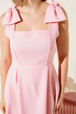 Omuz Fiyonklu Kare Yaka Midi Elbise Pembe - Kadın Giyim Modelleri