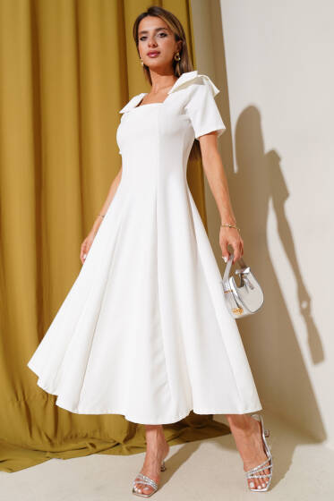 Omuz Fiyonklu Midi Elbise Beyaz - Kadın Giyim Modelleri