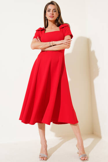 Omuz Fiyonklu Midi Elbise Kırmızı - Kadın Giyim Modelleri