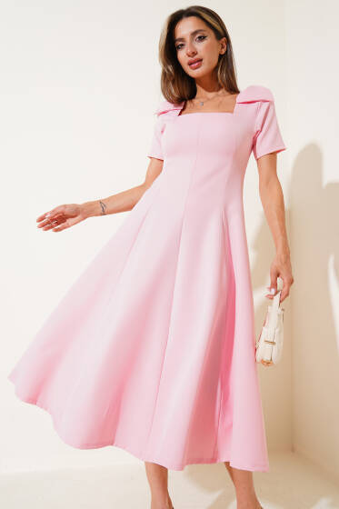 Omuz Fiyonklu Midi Elbise Pembe - Kadın Giyim Modelleri