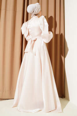 Omuz Fiyonklu Parlak Abiye Elbise Bej - Tesettür Elbise