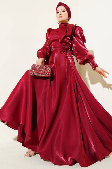 Omuz Fiyonklu Parlak Abiye Elbise Bordo - Elbise