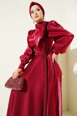 Omuz Fiyonklu Parlak Abiye Elbise Bordo - Tesettür Elbise