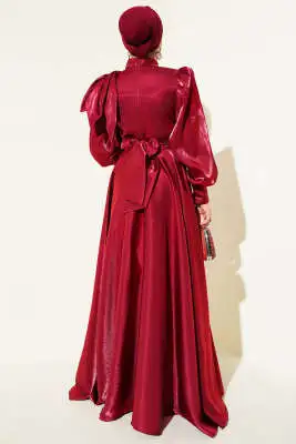 Omuz Fiyonklu Parlak Abiye Elbise Bordo - Tesettür Elbise