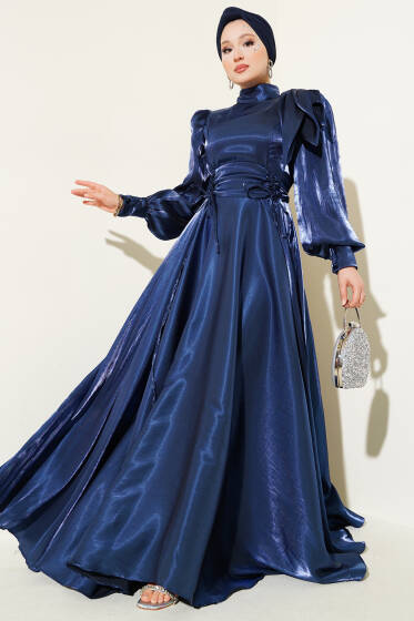 Omuz Fiyonklu Parlak Abiye Elbise Lacivert - Elbise