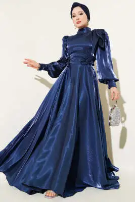 Omuz Fiyonklu Parlak Abiye Elbise Lacivert - CNR TEKSTİL