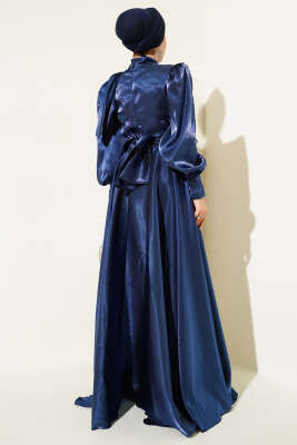 Omuz Fiyonklu Parlak Abiye Elbise Lacivert - Tesettür Elbise