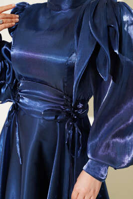 Omuz Fiyonklu Parlak Abiye Elbise Lacivert - Tesettür Elbise