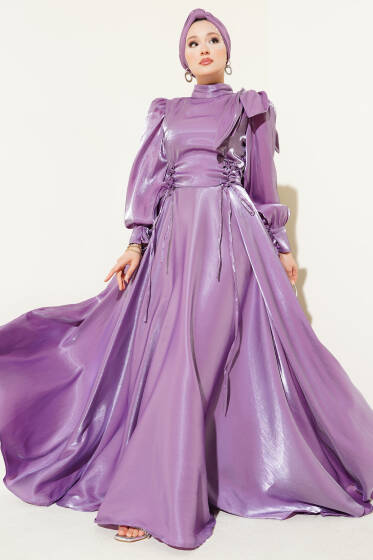 Omuz Fiyonklu Parlak Abiye Elbise Lila - Elbise