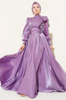 Omuz Fiyonklu Parlak Abiye Elbise Lila