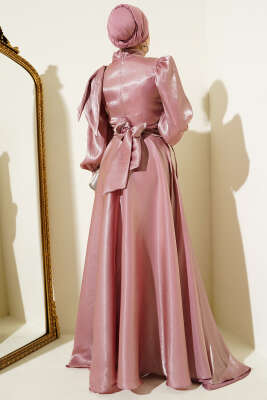 Omuz Fiyonklu Parlak Abiye Elbise Pudra - Tesettür Elbise