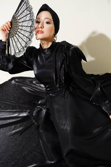 Omuz Fiyonklu Parlak Abiye Elbise Siyah - Elbise