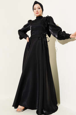 Omuz Fiyonklu Parlak Abiye Elbise Siyah - Tesettür Elbise