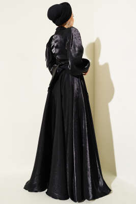 Omuz Fiyonklu Parlak Abiye Elbise Siyah - Tesettür Elbise