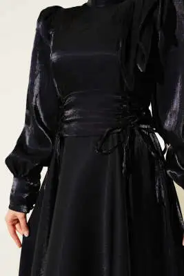 Omuz Fiyonklu Parlak Abiye Elbise Siyah - Tesettür Elbise