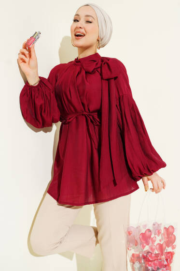 Omuz Fiyonklu Salaş Tunik Bordo - Tunik