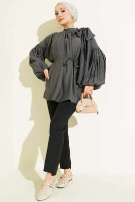 Omuz Fiyonklu Salaş Tunik Füme - Tunik