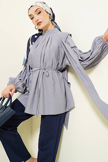 Omuz Fiyonklu Salaş Tunik Gri - 500-700 TL Ürünler