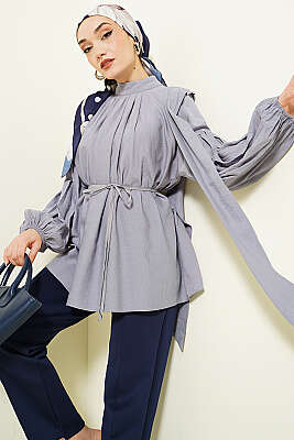 Omuz Fiyonklu Salaş Tunik Gri 