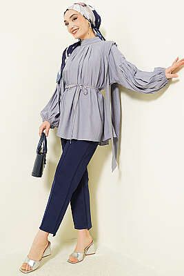 Omuz Fiyonklu Salaş Tunik Gri - Tunik