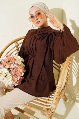 Omuz Fiyonklu Salaş Tunik Kahve - Tunik