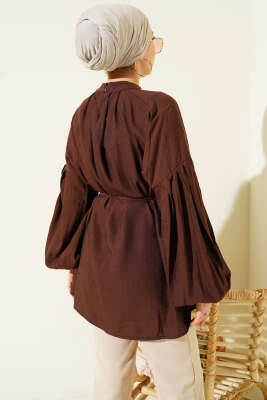 Omuz Fiyonklu Salaş Tunik Kahve - Tunik