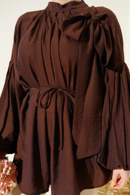 Omuz Fiyonklu Salaş Tunik Kahve - Tunik