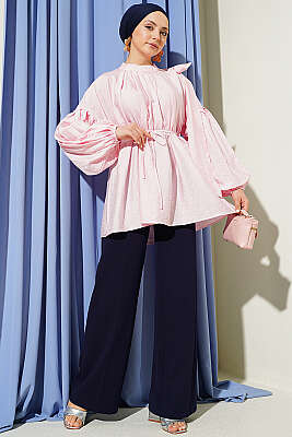 Omuz Fiyonklu Salaş Tunik Pembe - Tunik