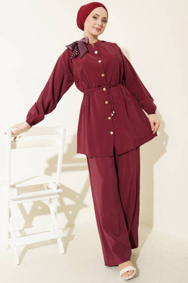 Omuz Fularlı Bel Lastikli Modal İkili Takım Bordo - İkili Takım