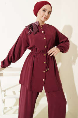 Omuz Fularlı Bel Lastikli Modal İkili Takım Bordo - İkili Takım