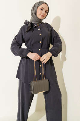 Omuz Fularlı Bel Lastikli Modal İkili Takım Füme - NESSİA