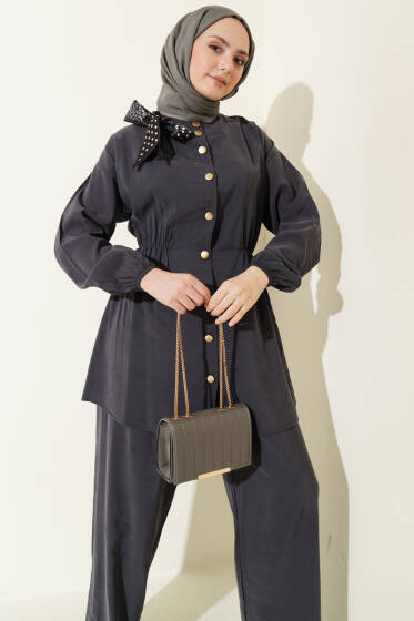 Omuz Fularlı Bel Lastikli Modal İkili Takım Füme - İkili Takım