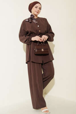 Omuz Fularlı Bel Lastikli Modal İkili Takım Kahve - NESSİA