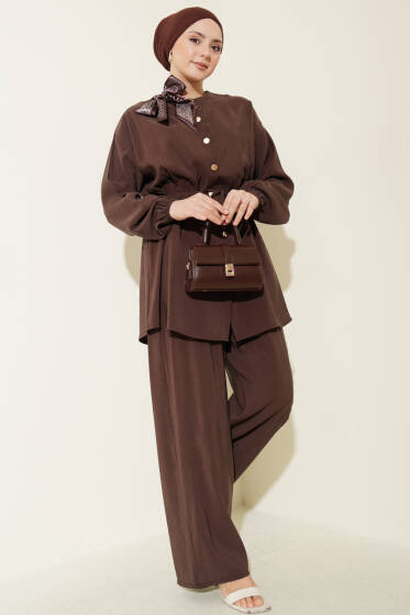 Omuz Fularlı Bel Lastikli Modal İkili Takım Kahve - İkili Takım