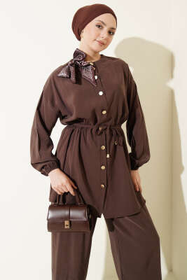 Omuz Fularlı Bel Lastikli Modal İkili Takım Kahve - İkili Takım