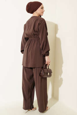 Omuz Fularlı Bel Lastikli Modal İkili Takım Kahve - İkili Takım