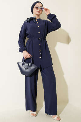 Omuz Fularlı Bel Lastikli Modal İkili Takım Lacivert - NESSİA