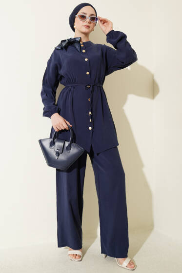 Omuz Fularlı Bel Lastikli Modal İkili Takım Lacivert - İkili Takım