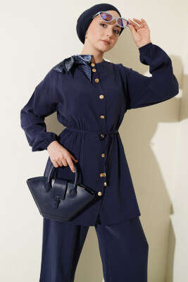 Omuz Fularlı Bel Lastikli Modal İkili Takım Lacivert - İkili Takım